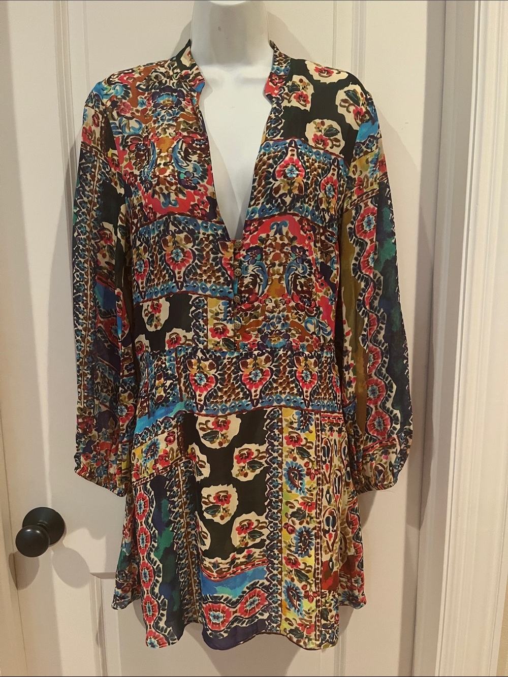 ZARA MULTI COLOR PATCHWORK BOHO V-NECK DRESS MEDIUM